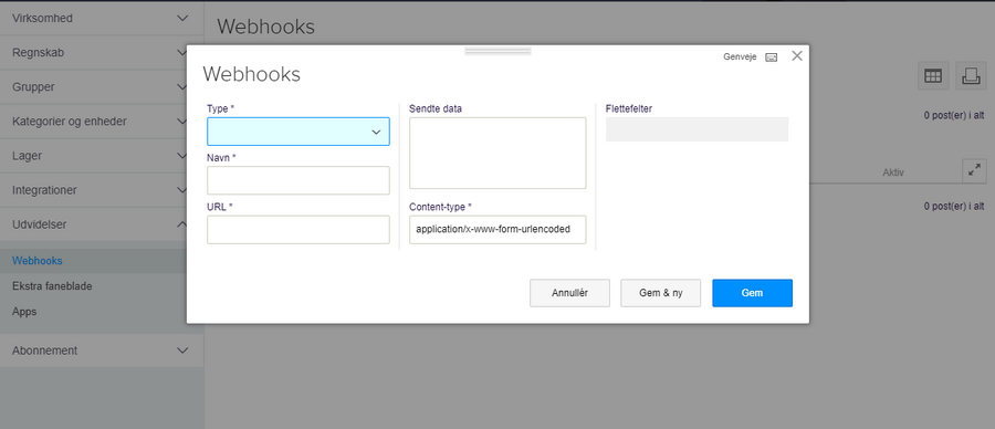 Viser oprettelsesvinduet for et nyt webhook i Webhooks – bruges til at oprette et nyt webhook.