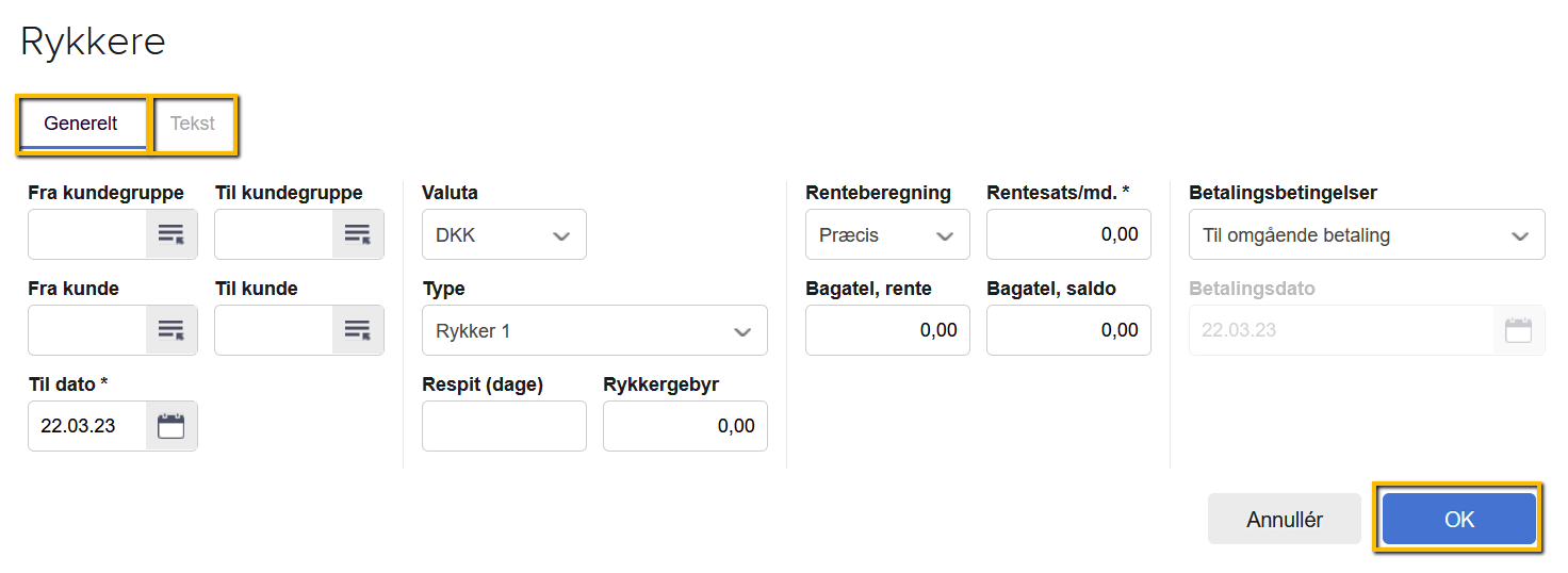 Viser dialogboksen 'Rykkere' i Salg-fanen – bruges til at angive kriterier for at finde de kunder, der skal modtage en rykker.