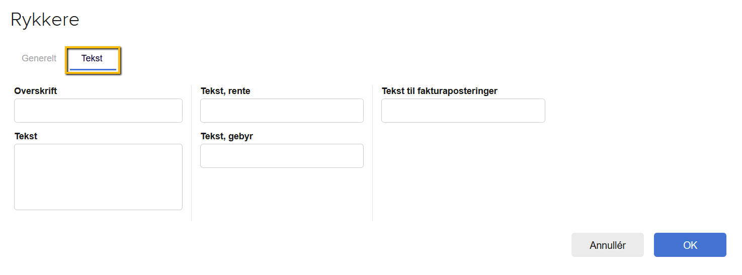 Viser fanen 'Tekst' i rykkeropsætningen – bruges til at oprette og redigere standardtekster til rykkere.