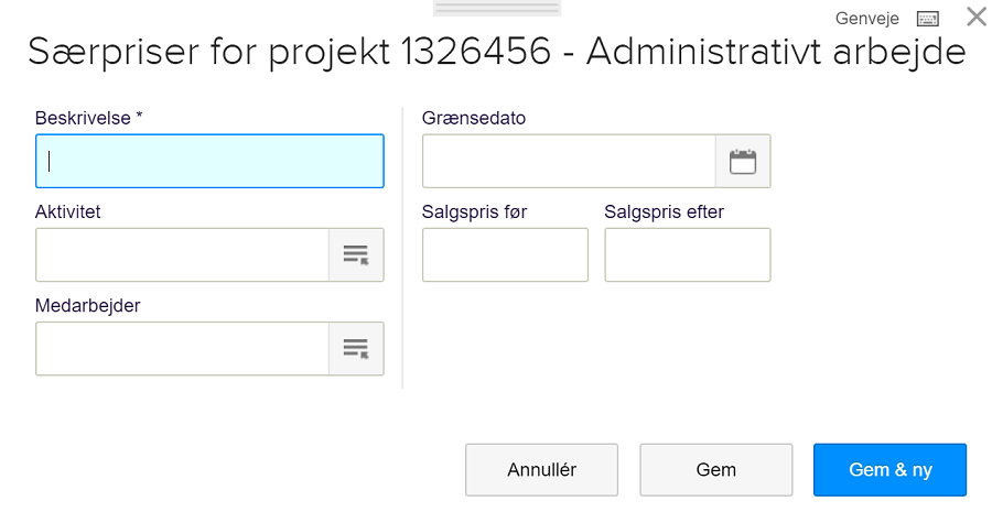 Viser vinduet til oprettelse af en særpris i Projektmodulet – bruges til at oprette en ny særpris på et projekt.
