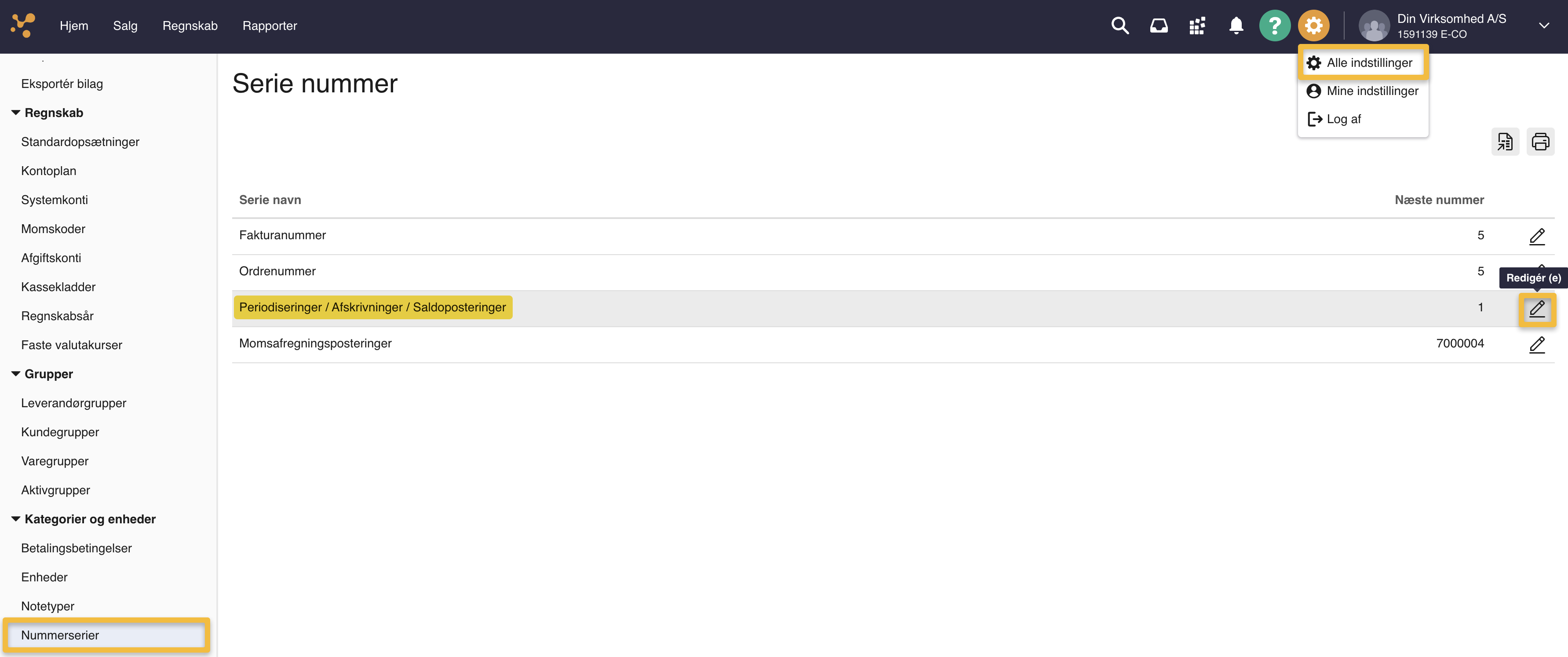 Viser redigering af nummerserien 'Periodiseringer/Afskrivninger/Saldoposteringer' i indstillingerne for Nummerserier – bruges til at angive startnummeret for periodiseringsbilag.
