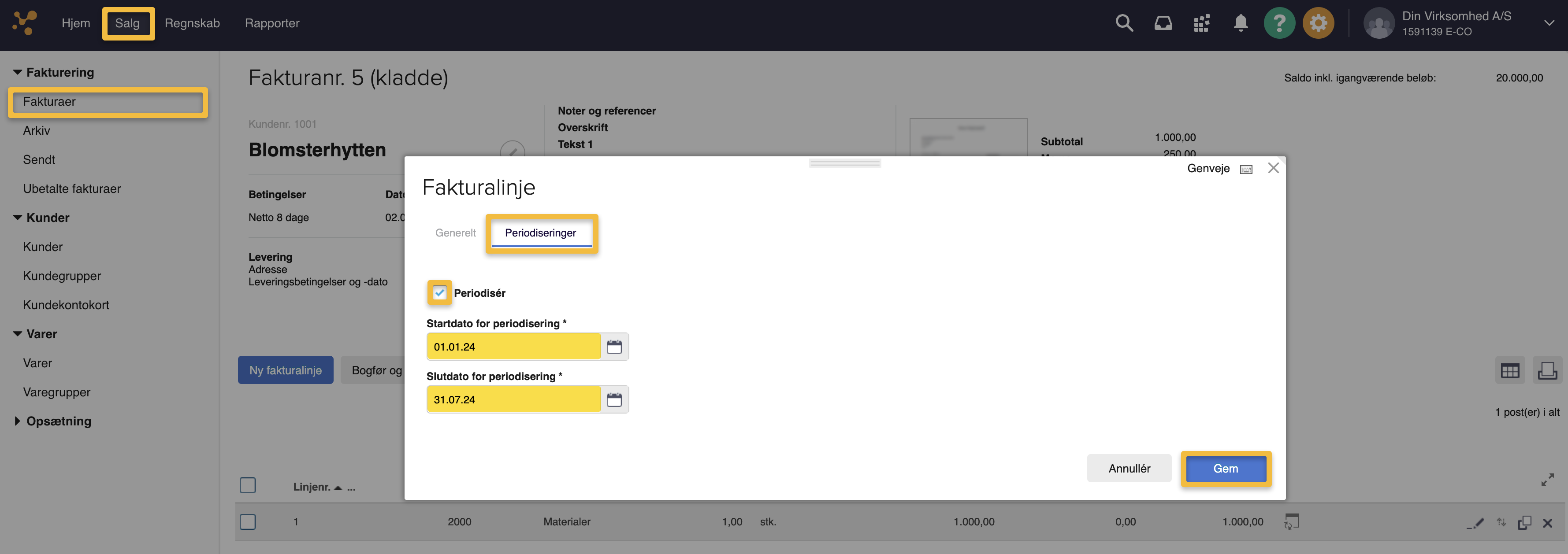 Viser fanen Periodiseringer på en fakturalinje i fakturering – bruges til at angive en start- og slutdato for periodiseringen.
