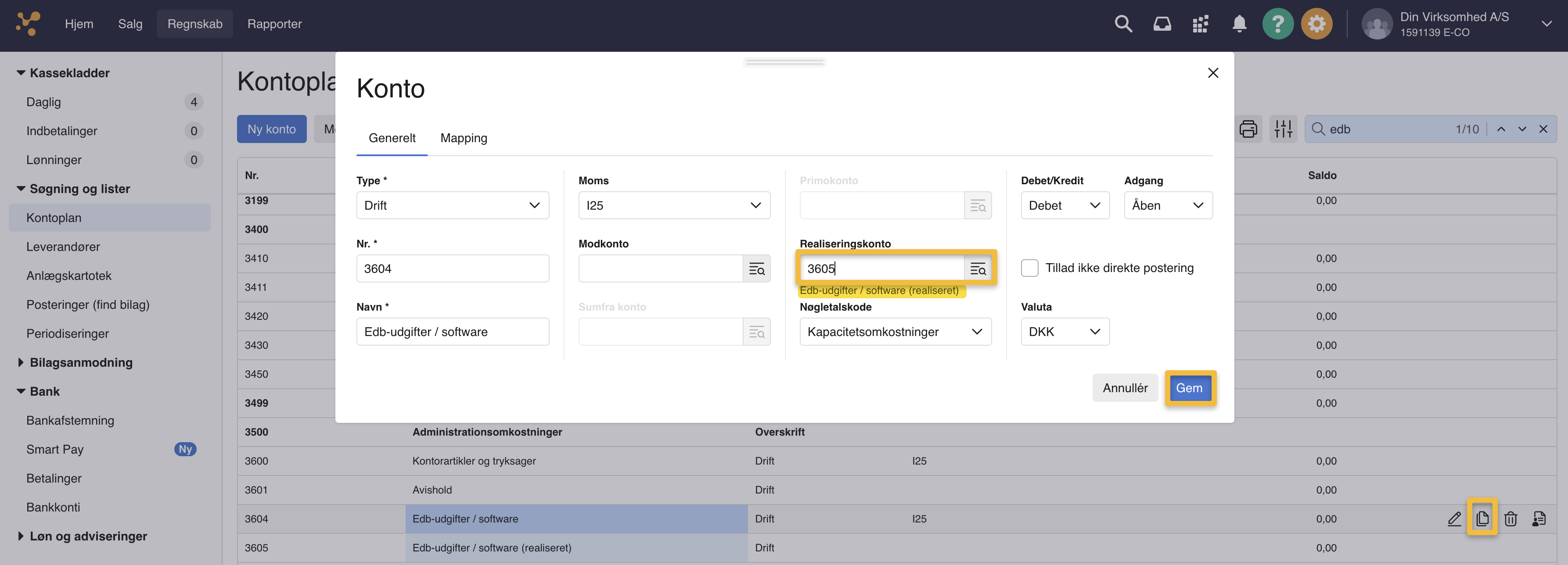 Viser feltet 'Realiseringskonto' i indstillingerne for en konto i kontoplanen – bruges til at angive, hvilken konto periodiseringsposteringer automatisk skal bogføres på.