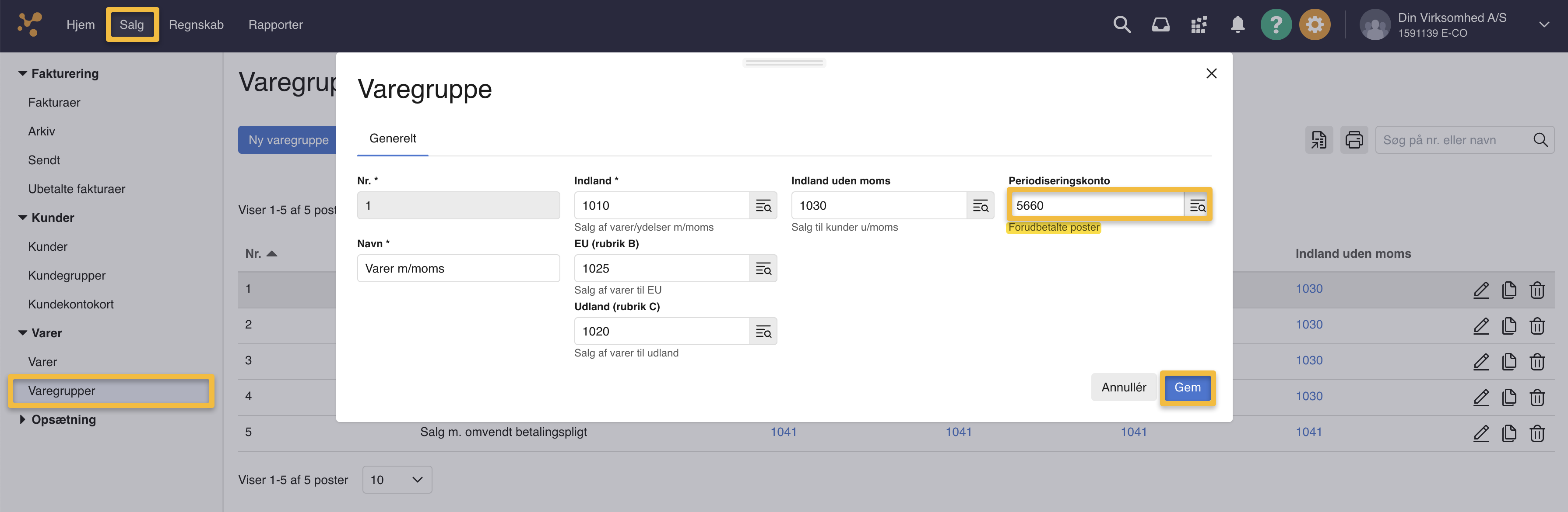 Viser feltet 'Periodiseringskonto' i indstillingerne for en varegruppe – bruges til at opsætte periodisering for varegruppen.
