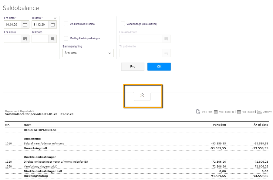Viser knappen med pile i rapporten Saldobalance – bruges til at vise eller skjule søgeområdet.