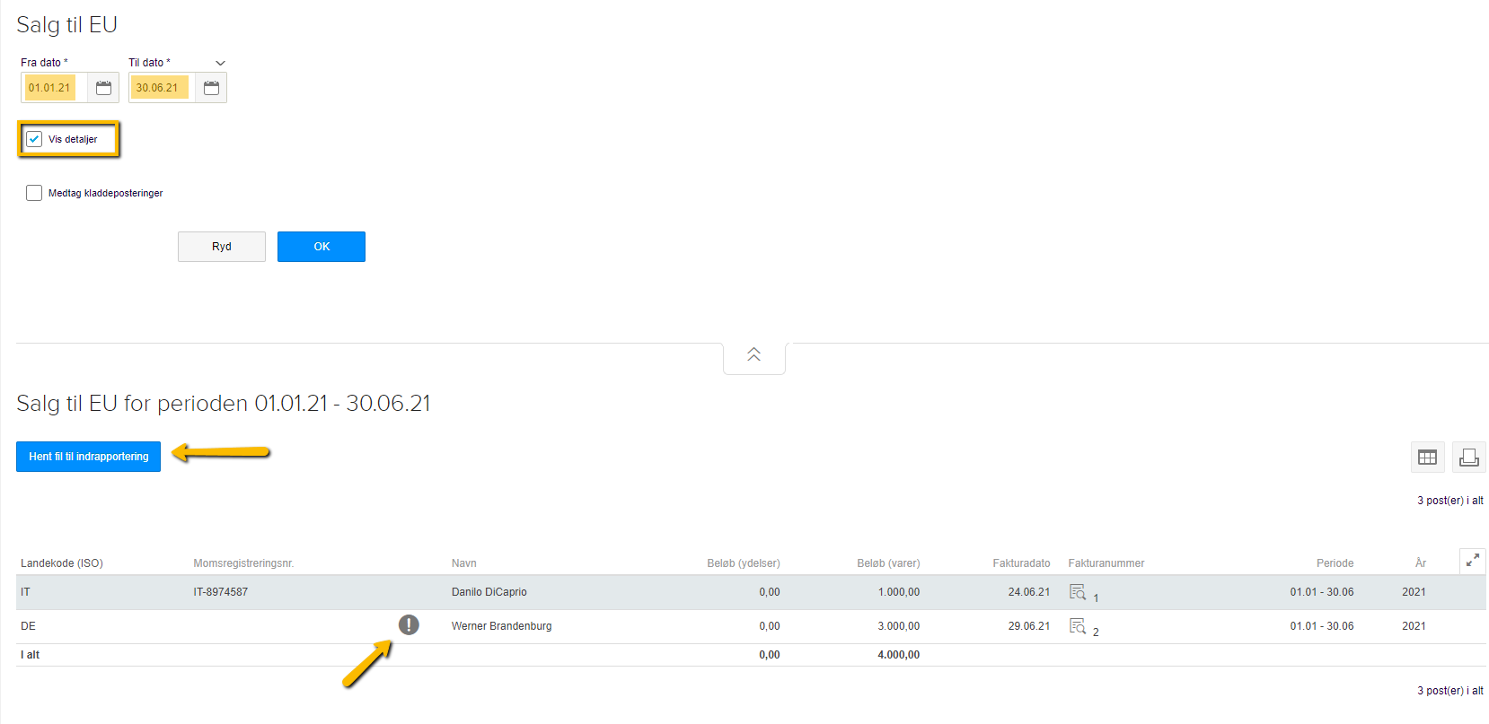 Viser rapporten "Salg til EU" i e-conomic – bruges til at få overblik over EU-salg, se advarsler om manglende data og hente en fil til indberetning.