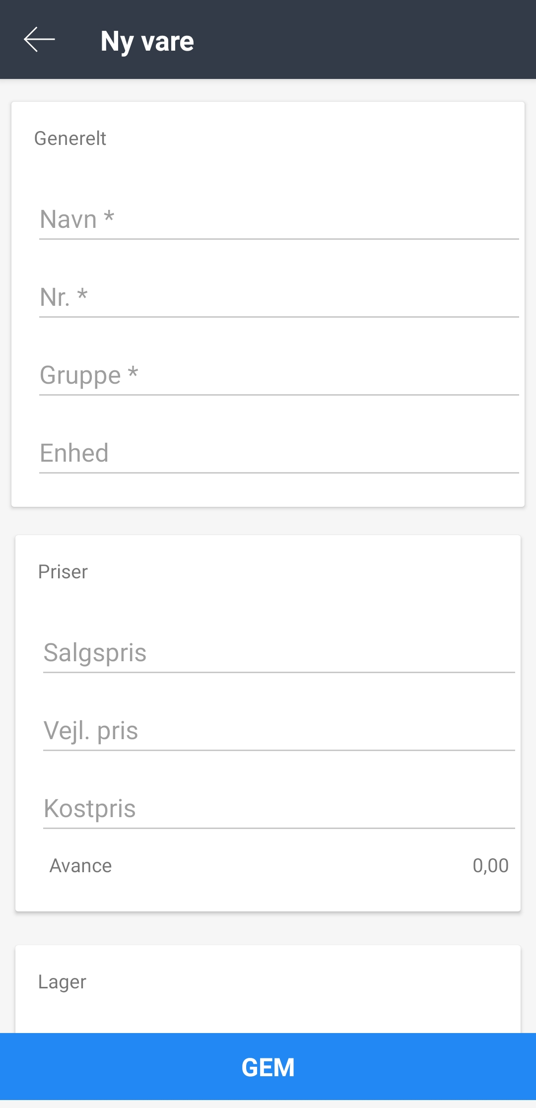 Viser formularen til oprettelse af en ny vare i mobilappen – bruges til at indtaste vareoplysninger som navn, nummer og pris.