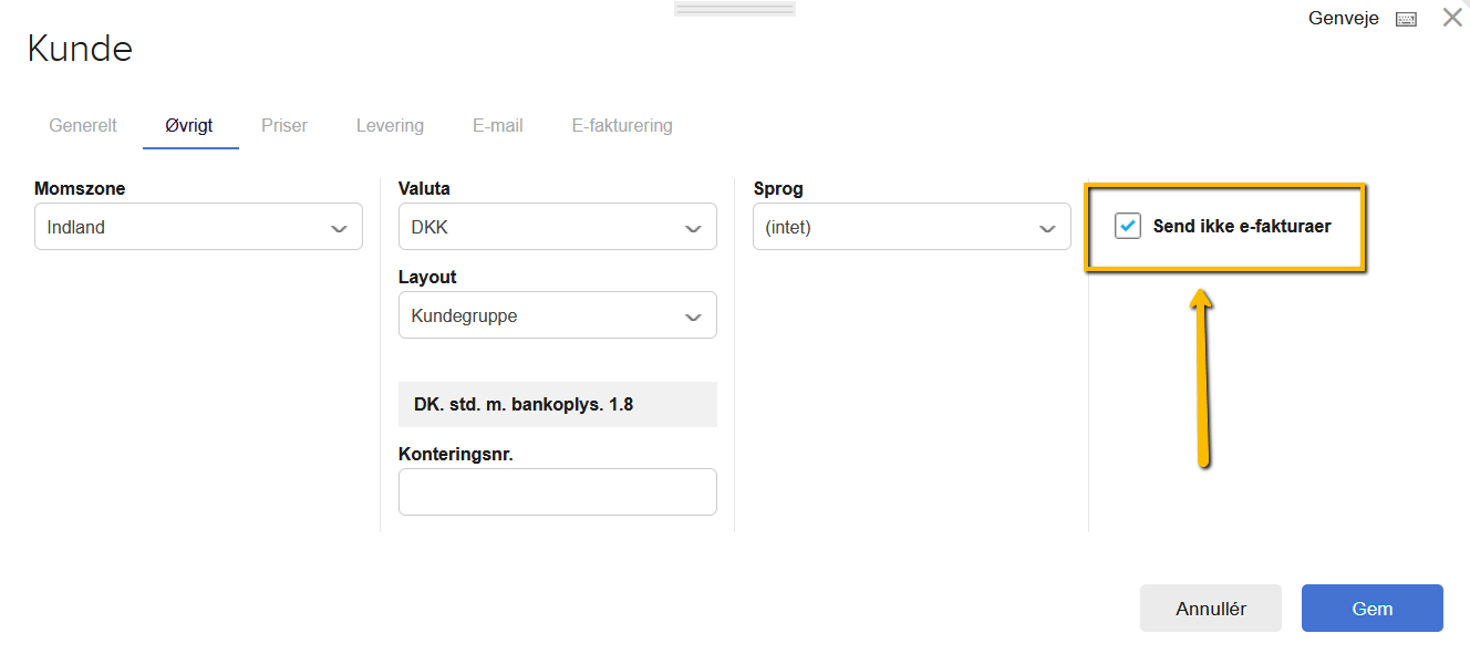 Viser afkrydsningsfeltet 'Send ikke e-fakturaer' i kundekortets fane 'Øvrigt' – bruges til at fravælge e-fakturering for den specifikke kunde.