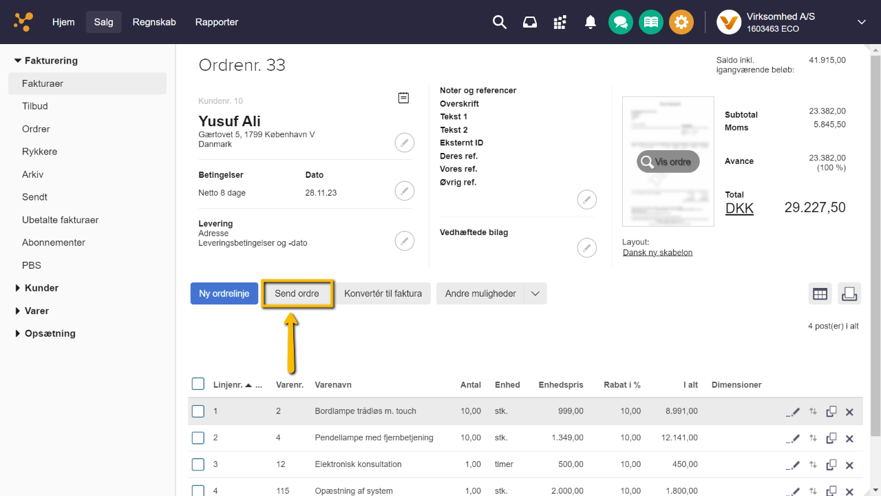 Viser knappen 'Send ordre' på en ordre – bruges til at udskrive en følgeseddel.