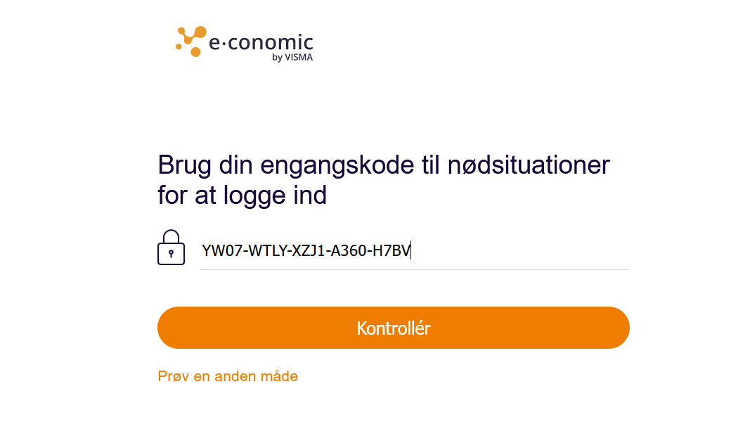 Viser indtastningsfeltet til engangskode på login-siden – bruges til at logge ind, når man har mistet adgang til sin telefon.
