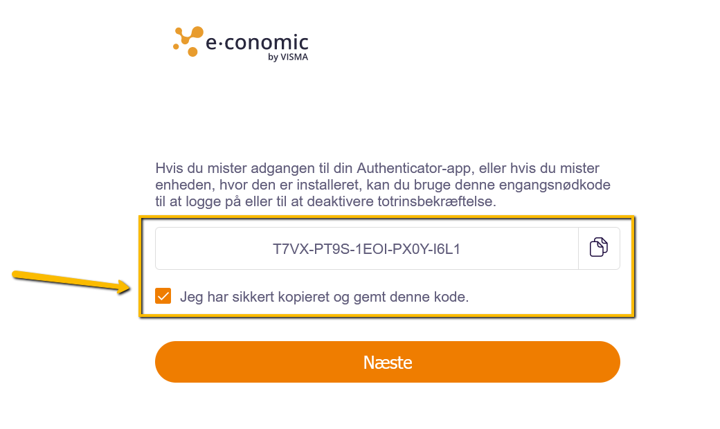 Viser en engangsnødkode i opsætningen af totrinsbekræftelse – bruges til at kopiere og gemme koden for at kunne logge på uden sin telefon.