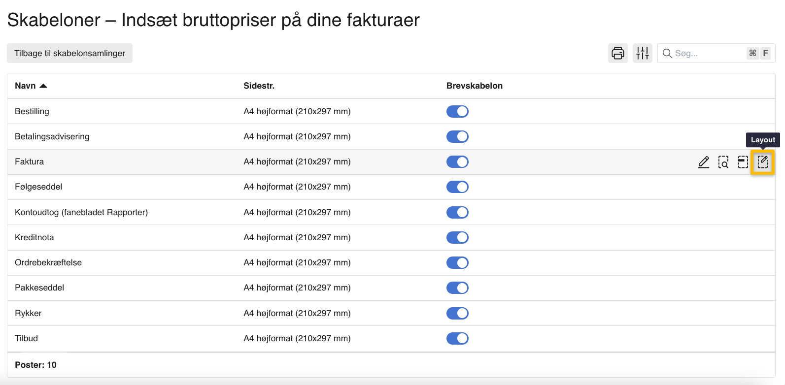 Viser layout-ikonet for fakturaskabelonen i skabelonoversigten – bruges til at redigere skabelonens layout.