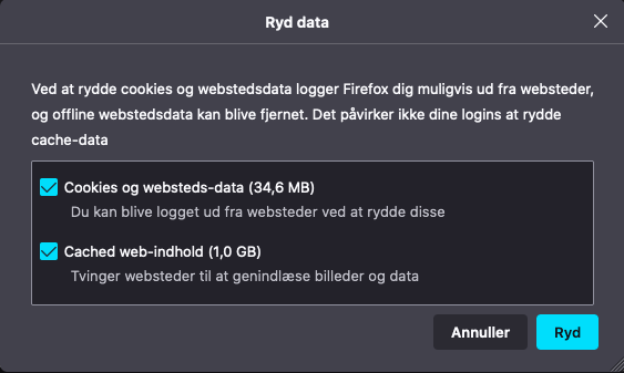 Viser bekræftelsesvinduet 'Ryd data' i Firefox browseren – bruges til at bekræfte sletningen af cookies og cachedata.