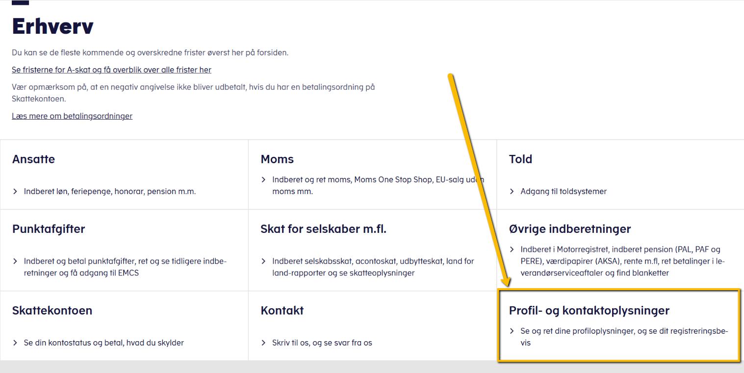 Viser menupunktet 'Profil- og kontaktoplysninger' i TastSelv Erhverv hos SKAT – bruges til at se og rette virksomhedens profiloplysninger.