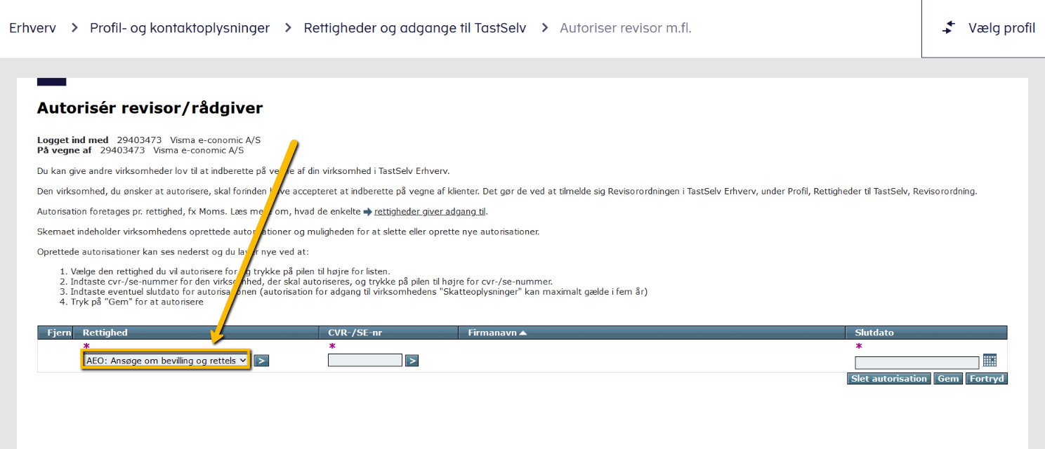 Viser dropdown-menuen "Rettighed" i SKATs TastSelv Erhverv – bruges til at vælge den specifikke rettighed, som en revisor eller rådgiver skal autoriseres til.