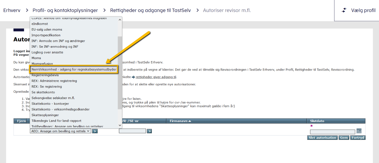 Viser rettigheden 'NemVirksomhed - adgang for regnskabssystemudbyder' i TastSelv Erhverv – bruges til at autorisere sit regnskabssystem hos SKAT.