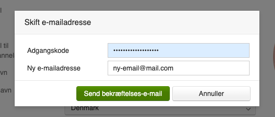 Viser dialogboksen 'Skift e-mailadresse' i Visma Connect – bruges til at indtaste adgangskode og ny e-mail for at ændre sin bruger-e-mail.
