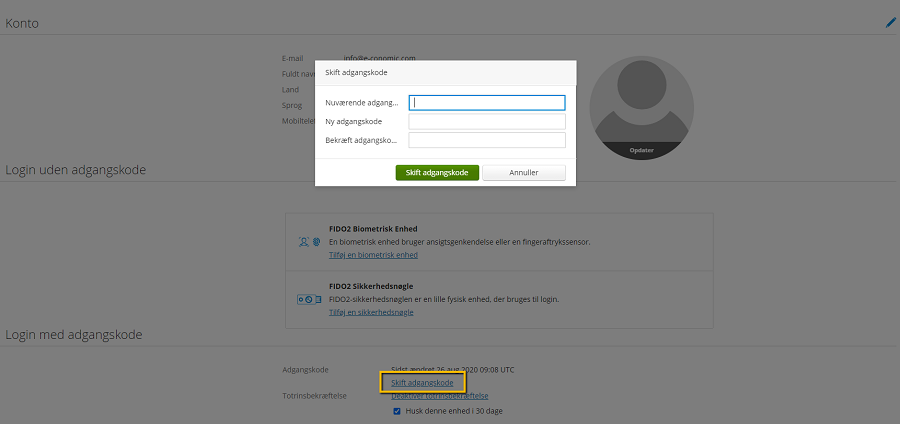 Viser dialogboksen 'Skift adgangskode' i Visma Connect – bruges til at ændre din adgangskode