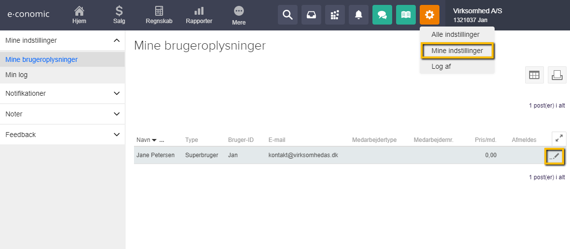 Viser redigeringsikonet ved en bruger i oversigten Mine brugeroplysninger – bruges til at åbne brugerens indstillinger for at skjule kostpris og avance.