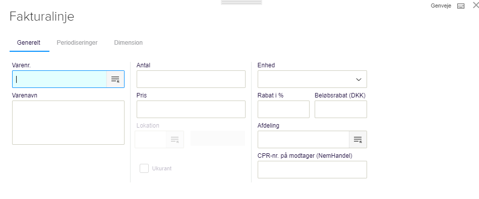Viser en fakturalinje uden felter for kostpris og avance i Salg – bruges til at bekræfte, at visningen af kostpris og avance er deaktiveret.