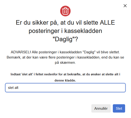 Viser bekræftelsesvinduet til sletning i kassekladden – bruges til at bekræfte at alle posteringer skal slettes.