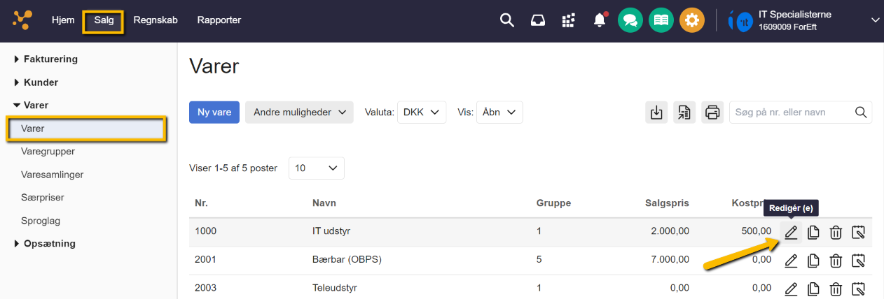Viser 'Rediger'-ikonet i varekartoteket – bruges til at redigere en vare for at kunne spærre den.