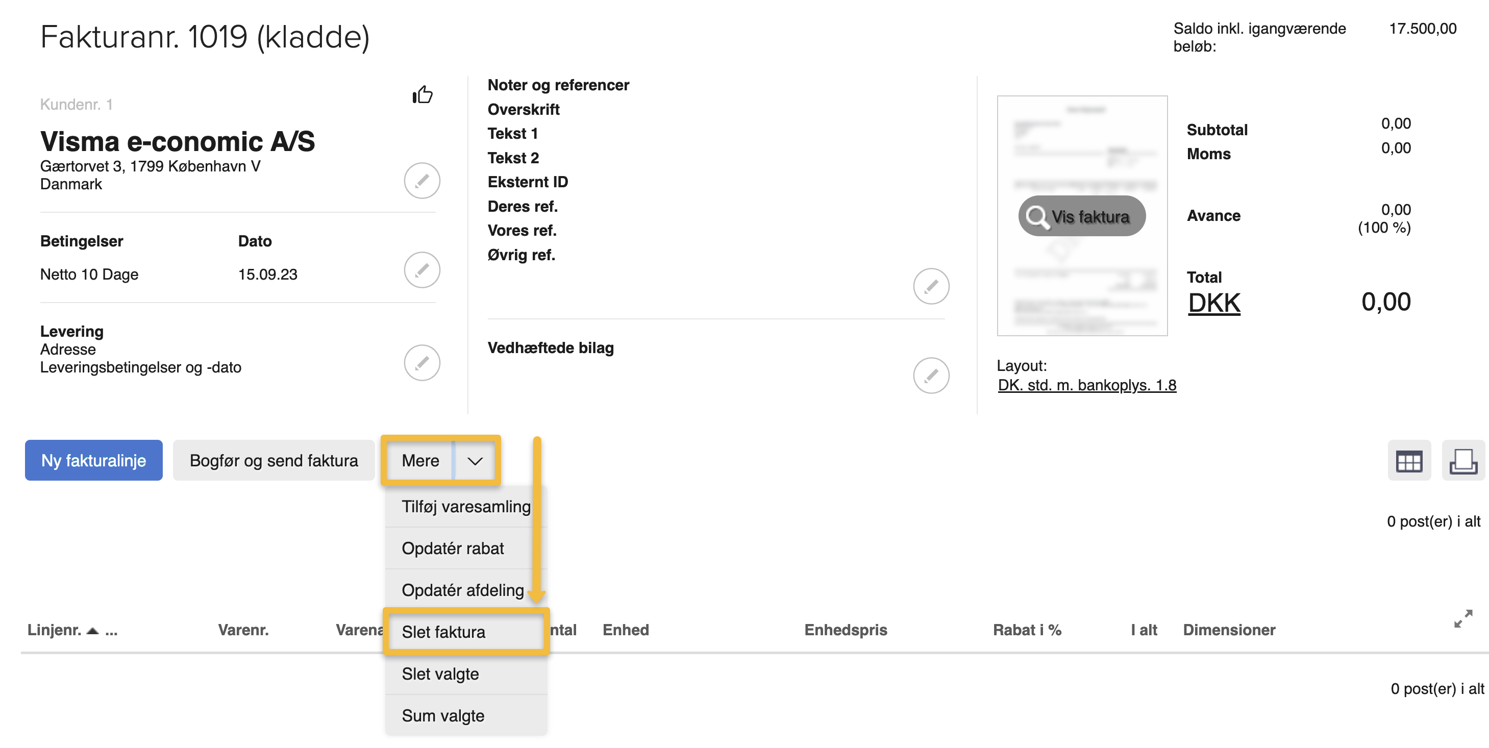 Viser menupunktet "Slet faktura" i "Mere"-menuen på en fakturakladde – bruges til at slette den aktuelle fakturakladde.