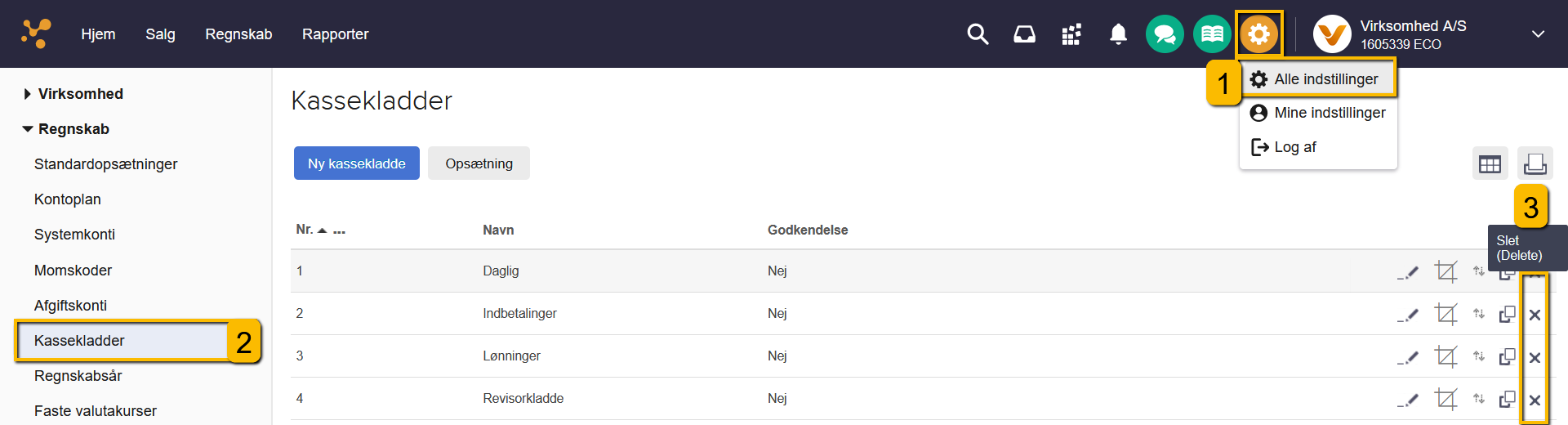 Viser slet-ikonet i indstillingerne for kassekladder – bruges til at slette en kassekladde.