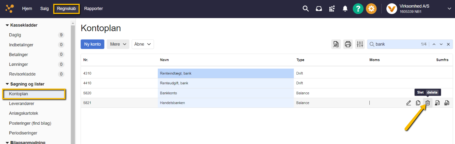 Viser slet-ikonet i Kontoplanen – bruges til at slette en konto.