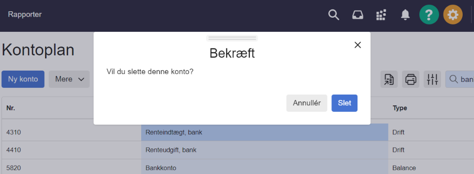 Viser bekræftelsesdialogen til sletning af en konto i Kontoplanen – bruges til at bekræfte den endelige sletning af en konto.