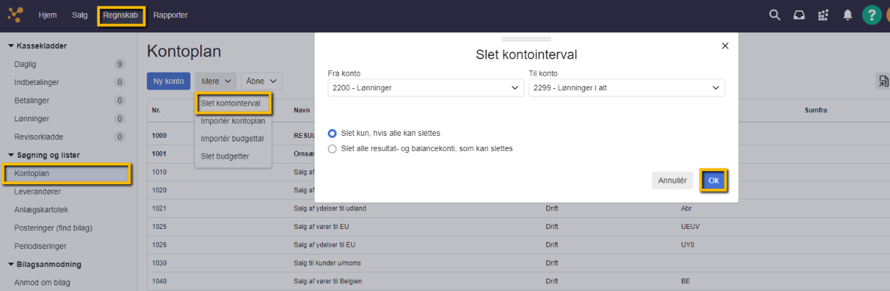 Viser dialogboksen 'Slet kontointerval' i Kontoplanen – bruges til at slette et interval af konti.