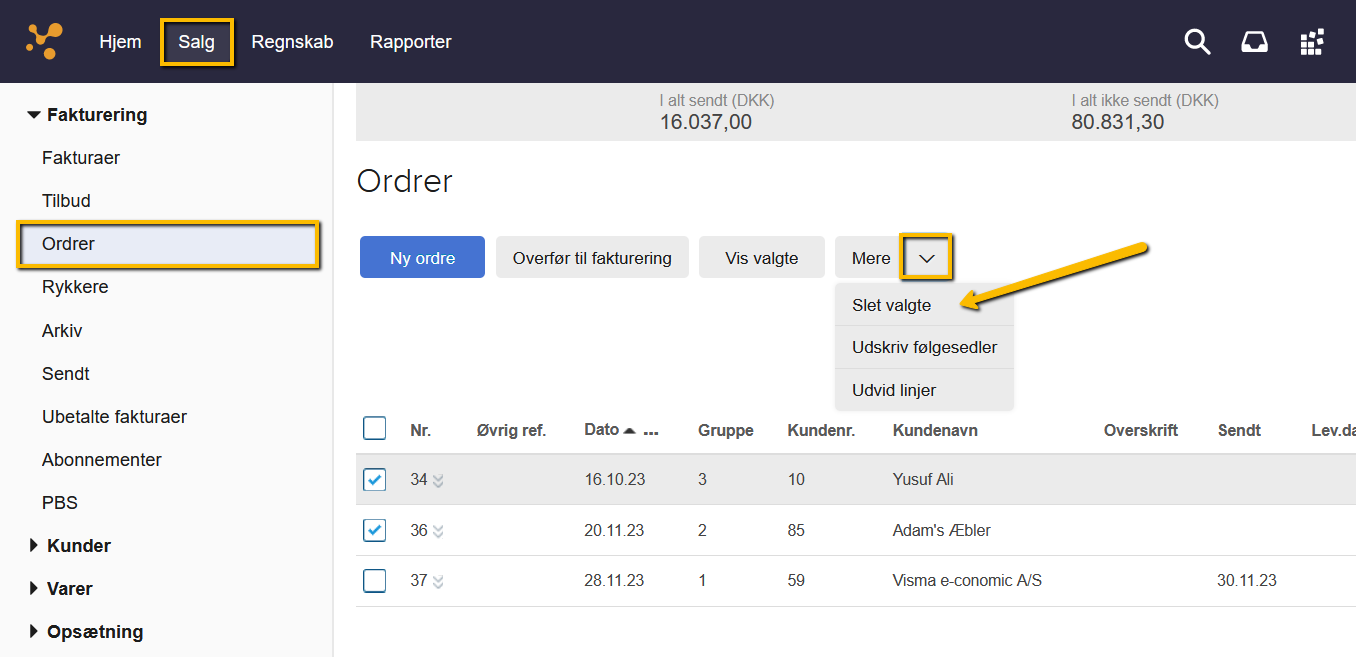 Viser valgmuligheden 'Slet valgte' under knappen 'Mere' i ordreoversigten – bruges til at slette flere markerede ordrer på én gang.