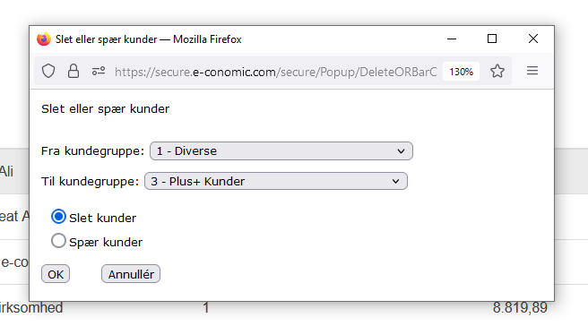 Viser pop-op-vinduet 'Slet eller spær kunder' i kundeoversigten – bruges til at slette eller spærre alle kunder inden for et valgt interval af kundegrupper.