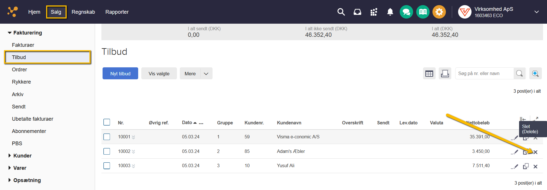 Viser slet-ikonet i tilbudsoversigten – bruges til at slette et enkelt tilbud.