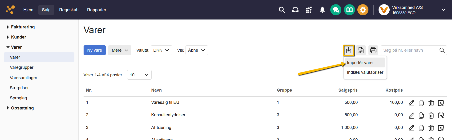 Viser menupunktet 'Importér varer' i varekartoteket – bruges til at starte import af en fil for at opdatere flere varer på én gang.