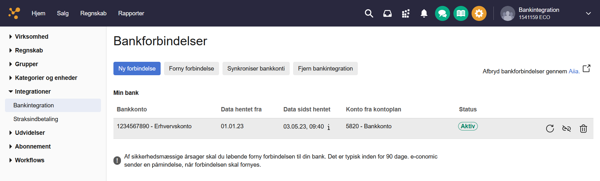 Viser oversigten over bankforbindelser i Bankintegration – bruges til at bekræfte at en bankforbindelse er aktiv.