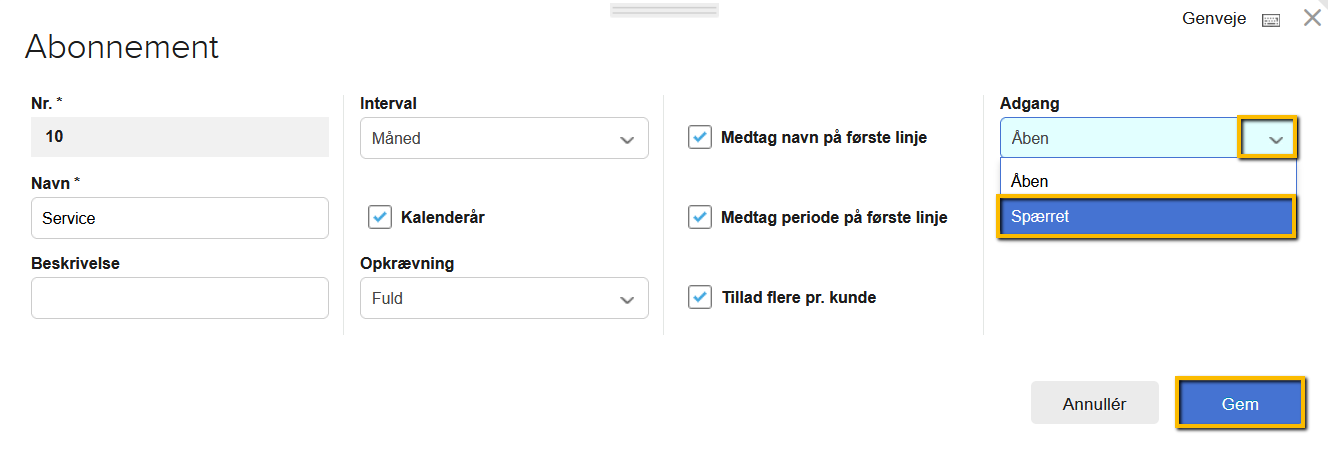 Viser valg af 'Spærret' i rullemenuen 'Adgang' i abonnementsindstillinger – bruges til at spærre et abonnement.