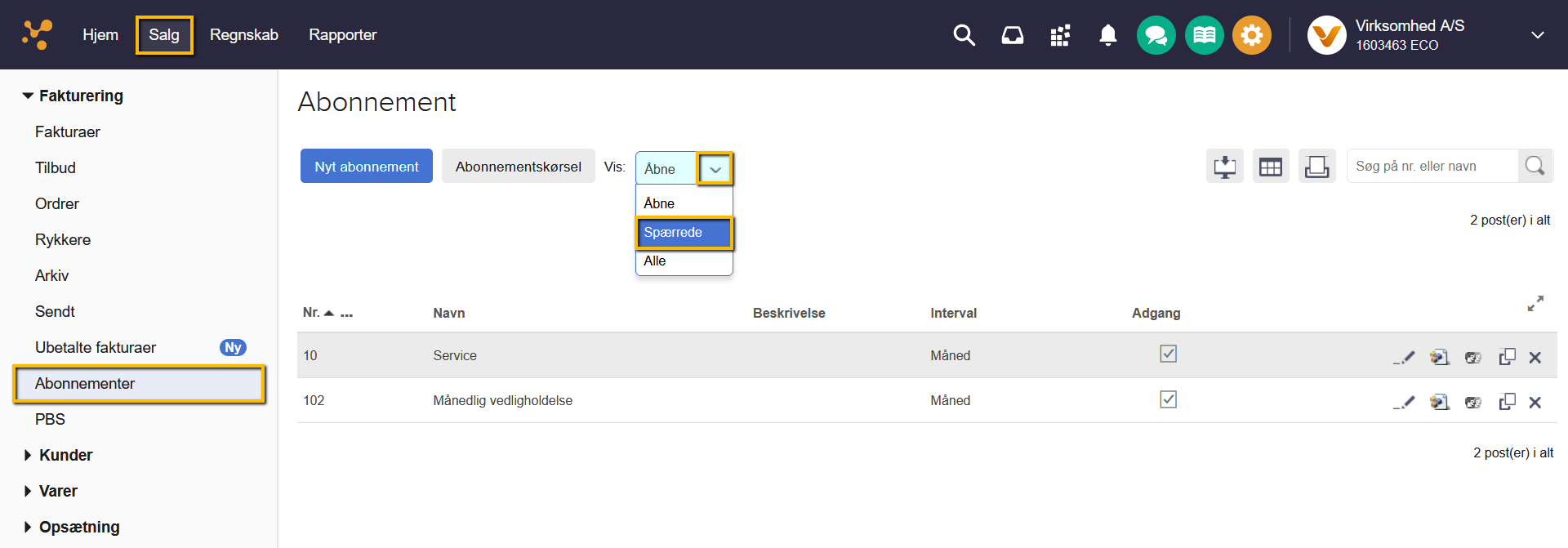 Viser filtermenuen 'Vis' med valgmuligheden 'Spærrede' i abonnementsoversigten – bruges til at få vist en liste over spærrede abonnementer.