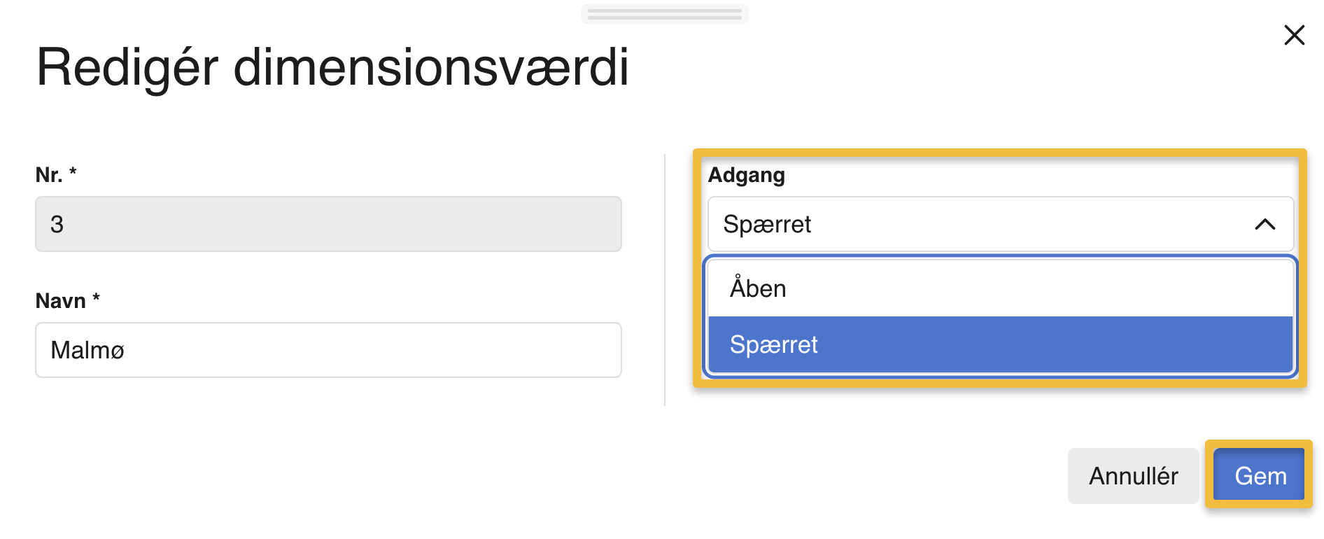 Viser dropdown-menuen 'Adgang' i dialogboksen 'Redigér dimensionsværdi' – bruges til at åbne eller spærre en dimensionsværdi.