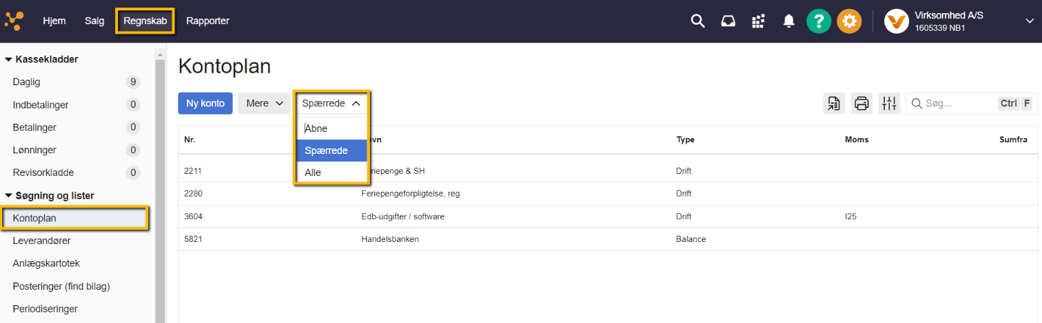 Viser valg af visningen 'Spærrede' i Kontoplanen – bruges til at filtrere listen, så kun spærrede konti vises.