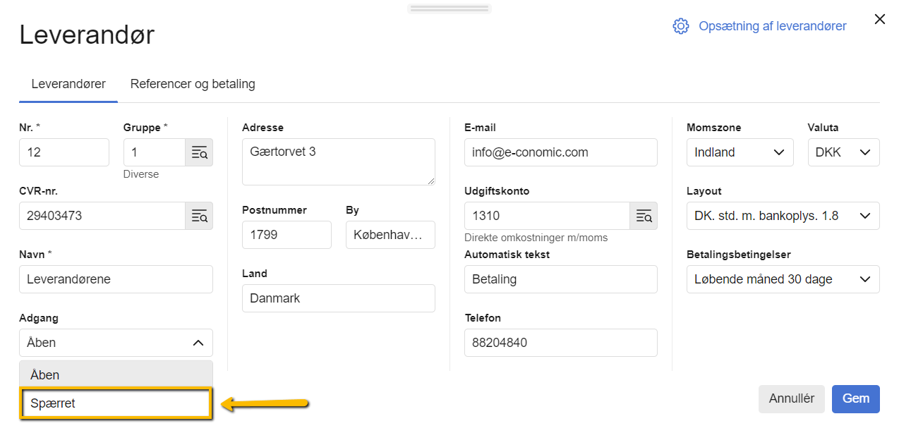 Viser valgmuligheden 'Spærret' under 'Adgang' på leverandørkortet – bruges til at spærre en leverandør for fremtidig brug.