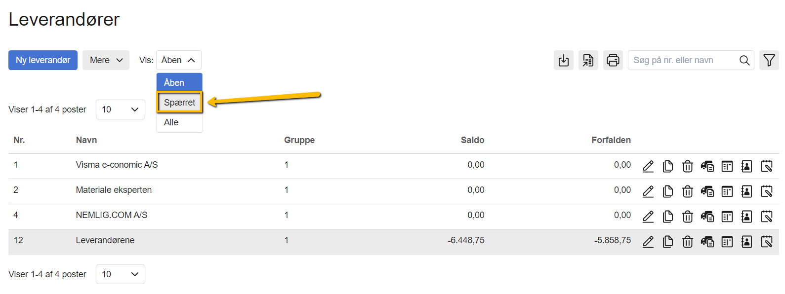 Viser filteret 'Spærret' i leverandøroversigten – bruges til at filtrere listen, så kun spærrede leverandører vises.