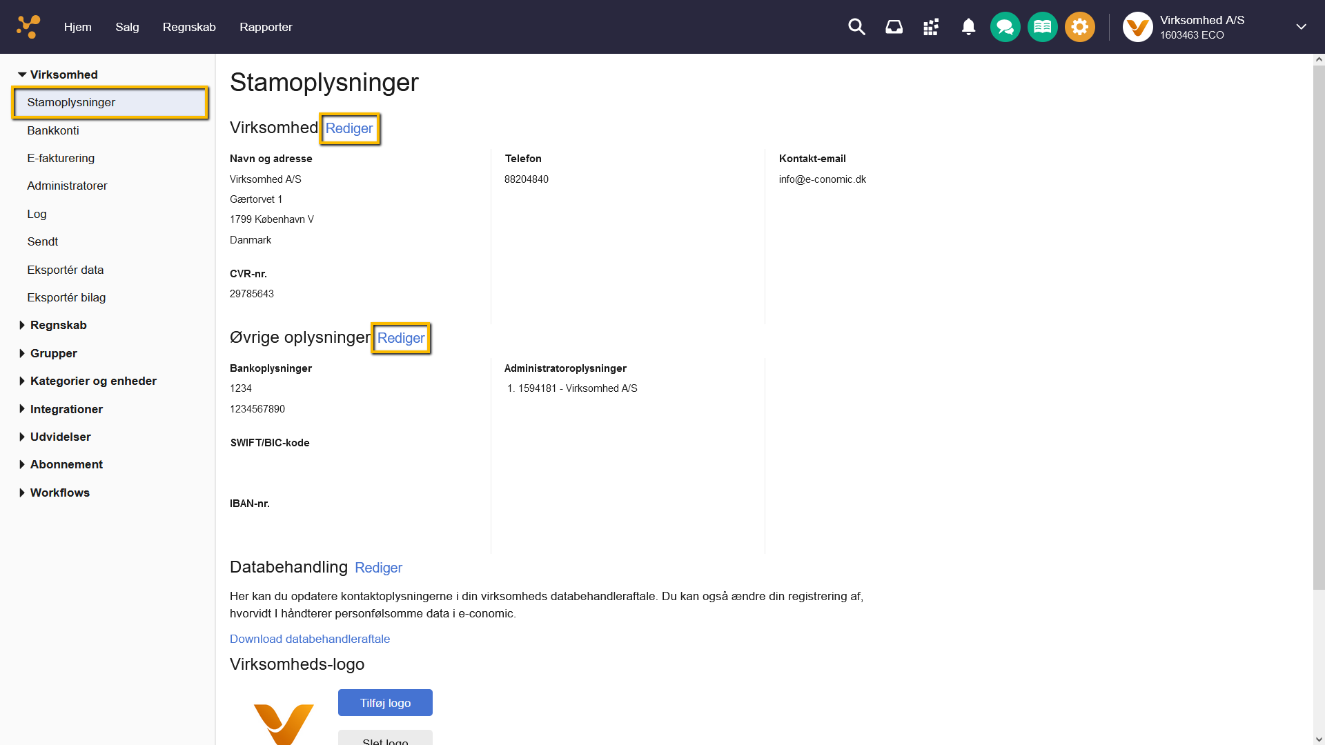 Viser Rediger-knappen i Stamoplysninger – bruges til at ændre virksomhedens oplysninger