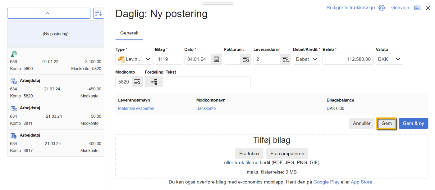 Viser en ny postering i kassekladden – bruges til at oprette en indbetaling.