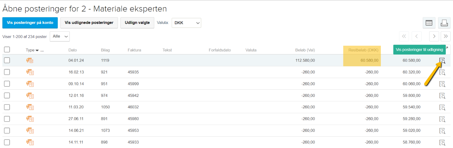 Viser ikonet "Vis posteringer til udligning" i listen over åbne posteringer for en leverandør – bruges til at finde de fakturaer, som en indbetaling skal udligne.