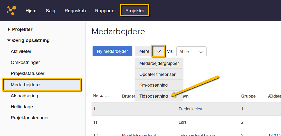 Viser menupunktet Tidsopsætning i 'Mere'-menuen under Medarbejdere – bruges til at åbne indstillinger for tidsopsætning.