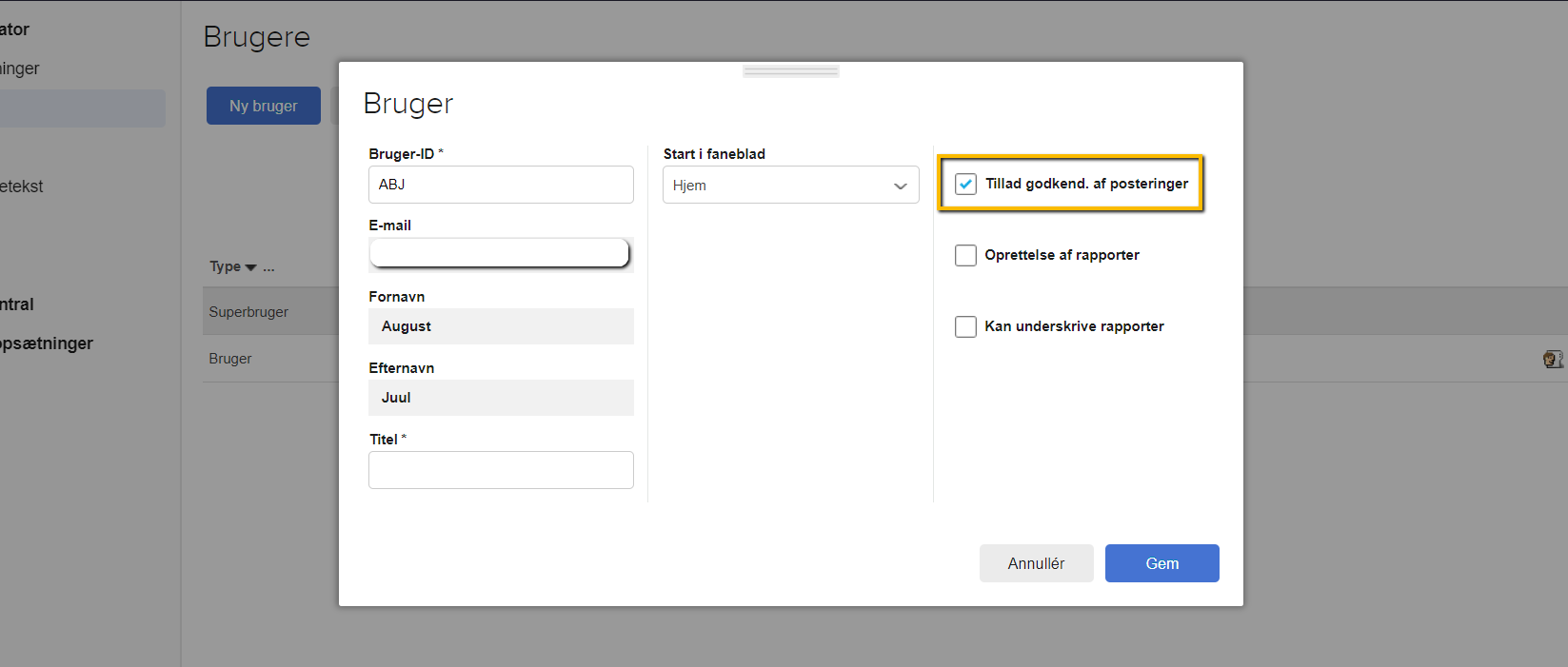 Viser afkrydsningsfeltet 'Tillad godkend. af posteringer' i brugeropsætningen – bruges til at tildele en bruger tilladelse til at godkende posteringer.
