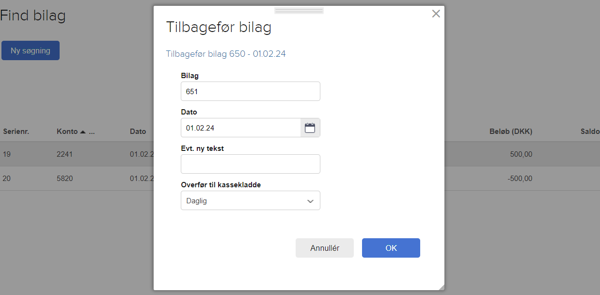 Viser dialogboksen "Tilbagefør bilag" i Find bilag – bruges til at angive dato, eventuel ny tekst og vælge kassekladde for tilbageførslen.