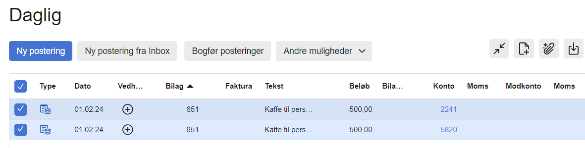 Viser resultatet af en tilbageførsel i en kassekladde – bruges til at kontrollere de nye posteringer, før de bogføres.