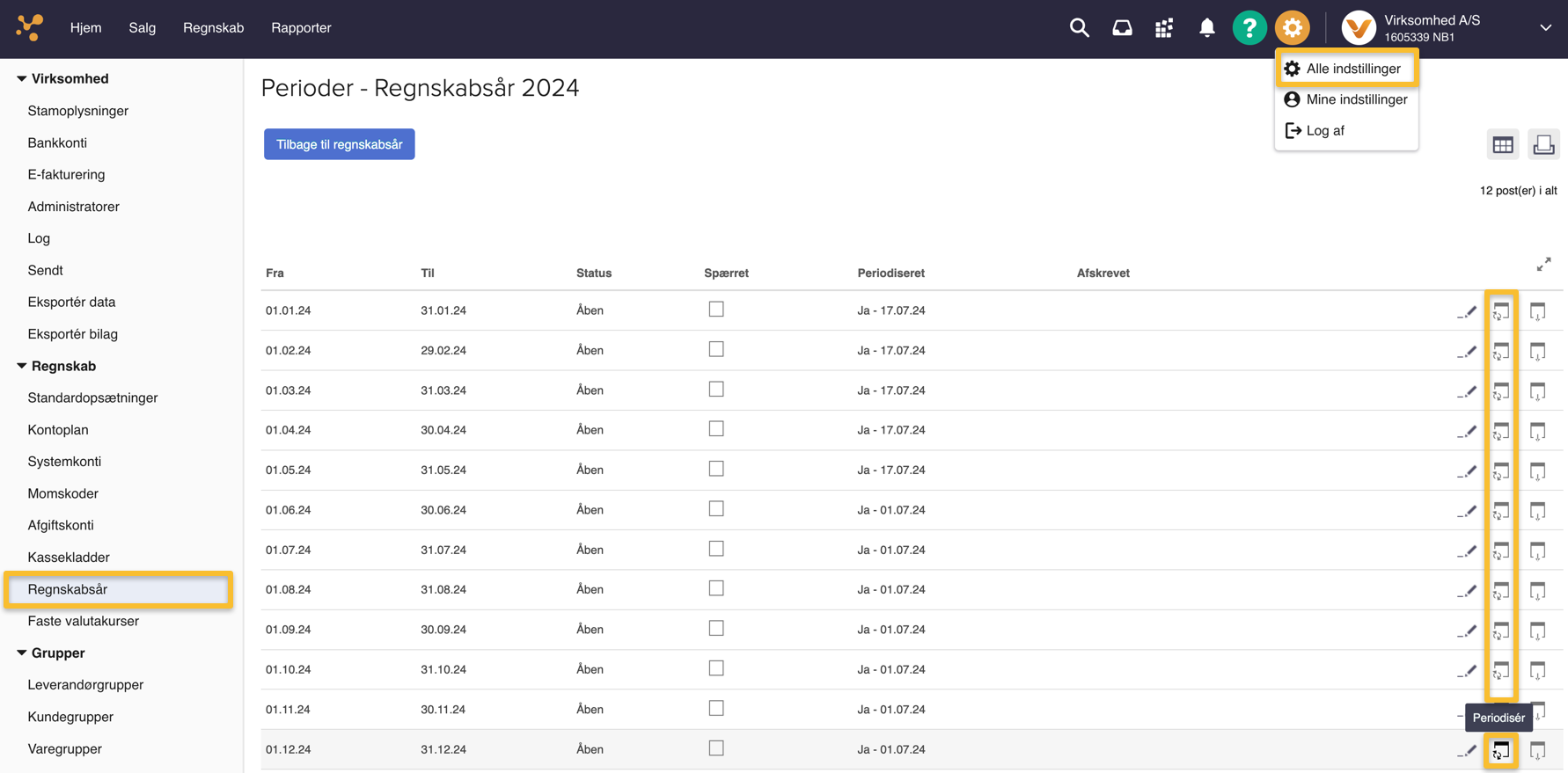 Viser "Periodisér"-ikonet i periodelisten for et regnskabsår – bruges til at starte en periodisering for en valgt måned.